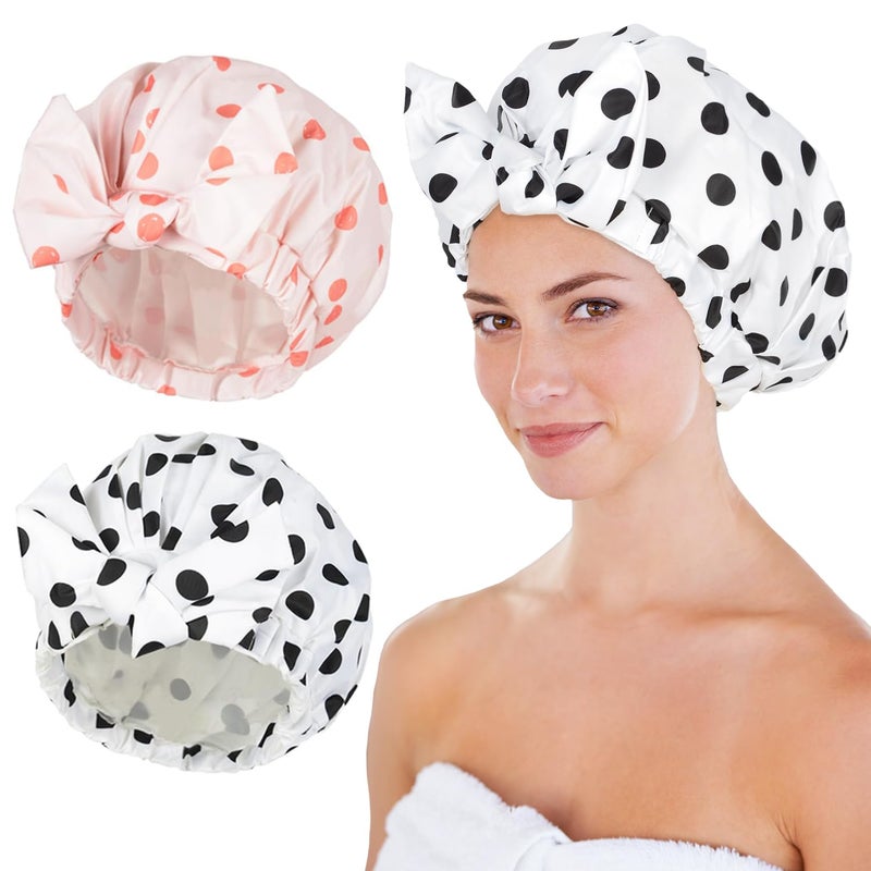 Luvruitaky Shower Cap 2Pcs Shower Caps for Women Reusable Waterproof Hair Cap for Shower with Adjustable Bowknot Luxury Bath Cap for Women (Black Dot & Pink Dot) - Image 1